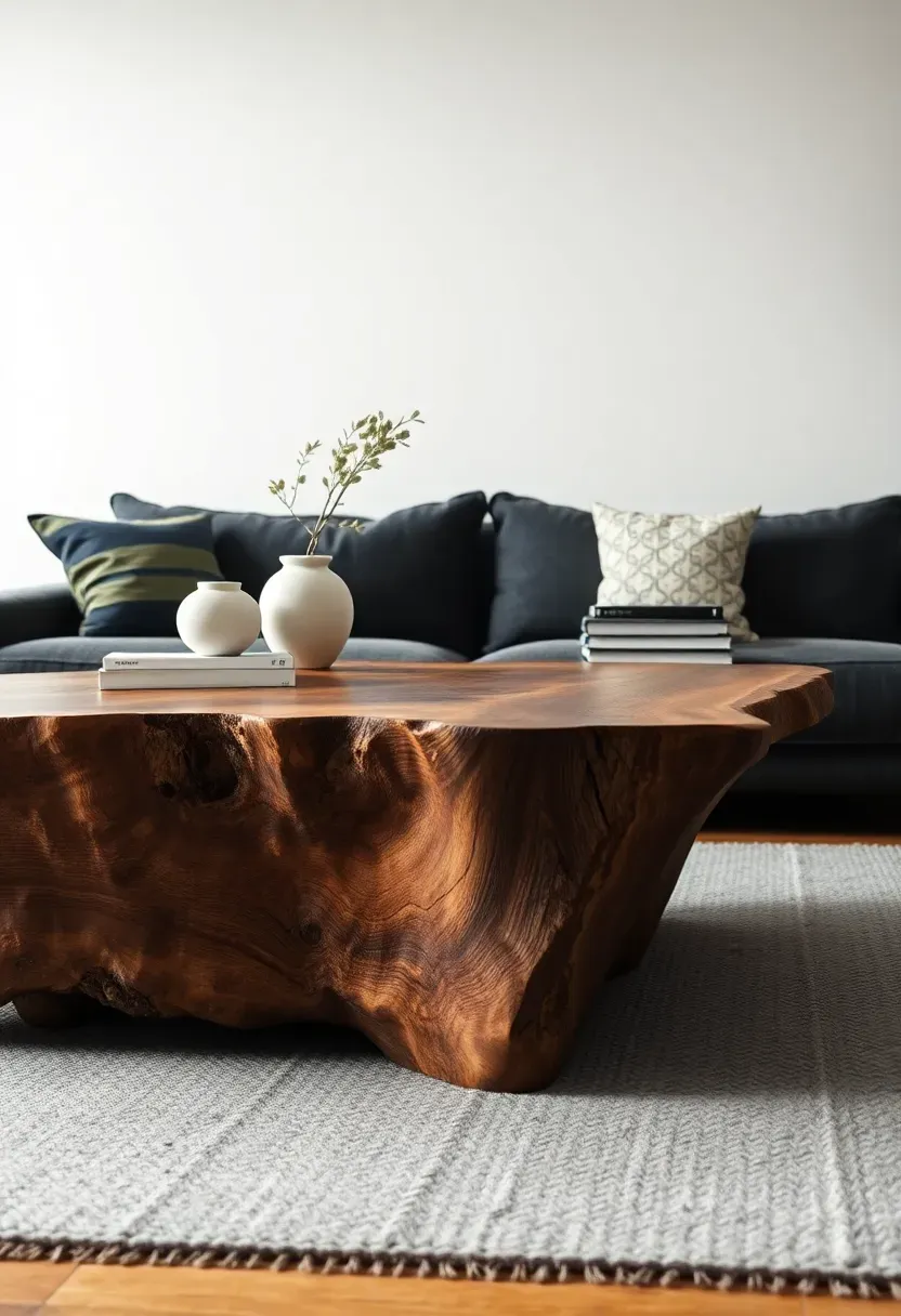 Hyper-realistic 3/4 view of living room with dark grey couch and large live-edge walnut wood slab coffee table with natural raw edge, simple styling with ceramic vase and stack of books, light grey rug, white walls. Materials: charcoal fabric, raw walnut wood slab with live edge, grey wool rug, white ceramic. Natural light highlighting wood grain and raw edge detail. Statement table mood like architectural design space. Shallow depth of field, extreme close detail on live-edge wood grain and bark. No text, no logos, no watermarks.</p>