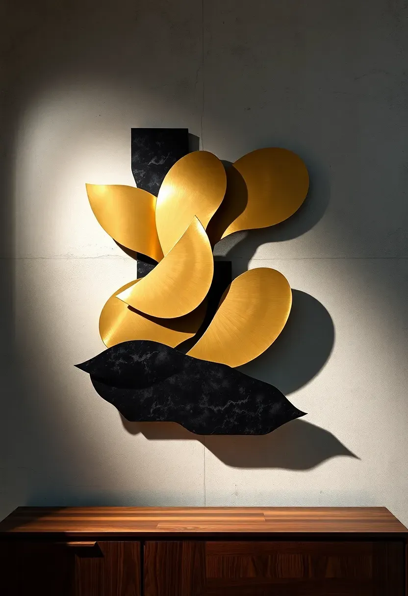 Abstract sculptural metal wall art in brushed brass and blackened steel with organic flowing shapes mounted on a concrete-textured wall