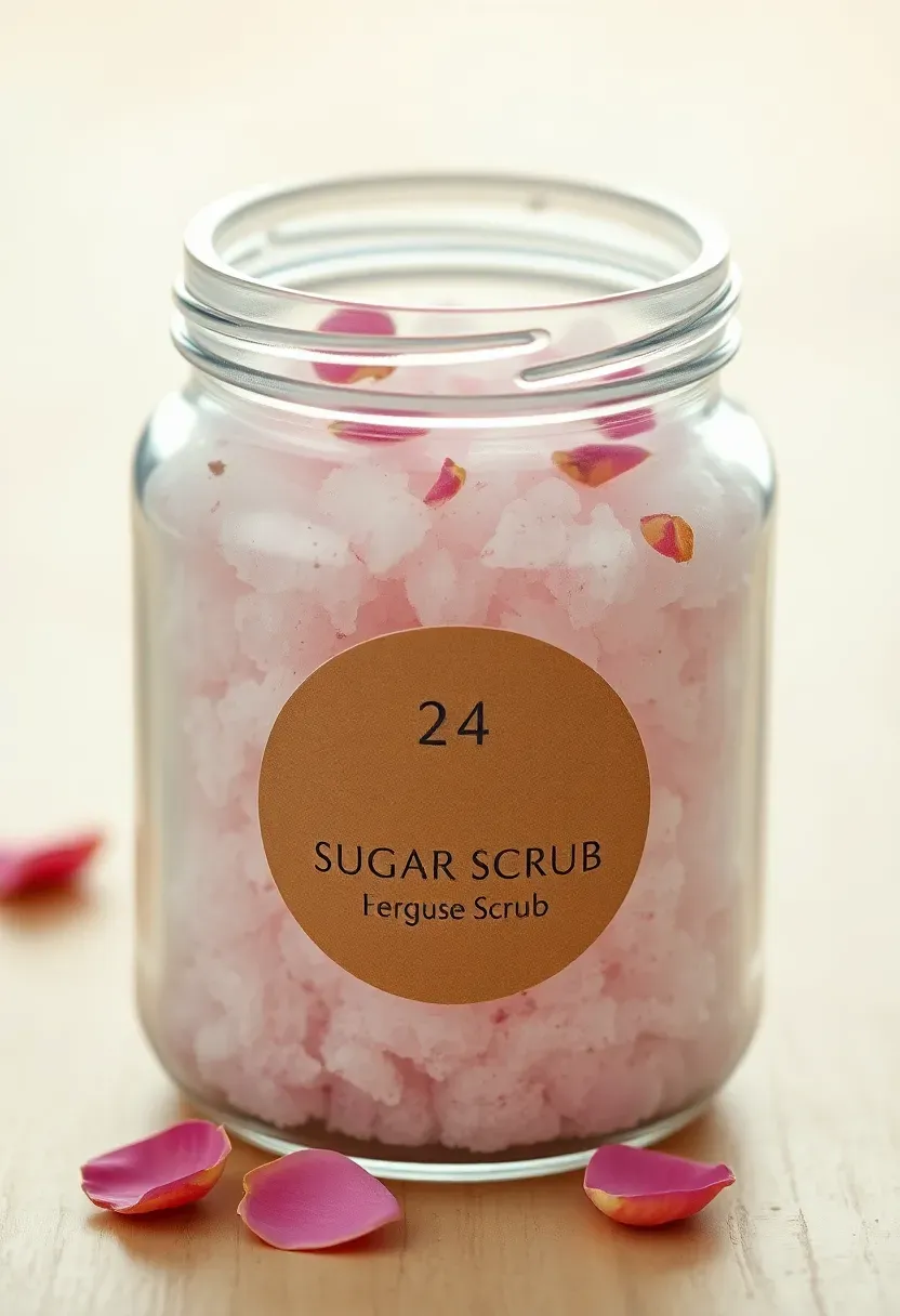 glass jar of homemade sugar scrub with a pink tint and dried rose petals visible through the glass with a baby shower label