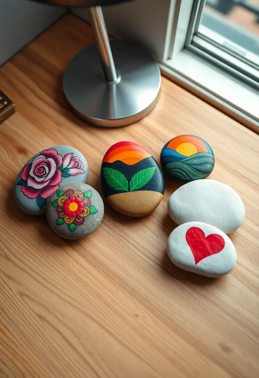 smooth river rocks painted with floral designs and inspirational words on a desk