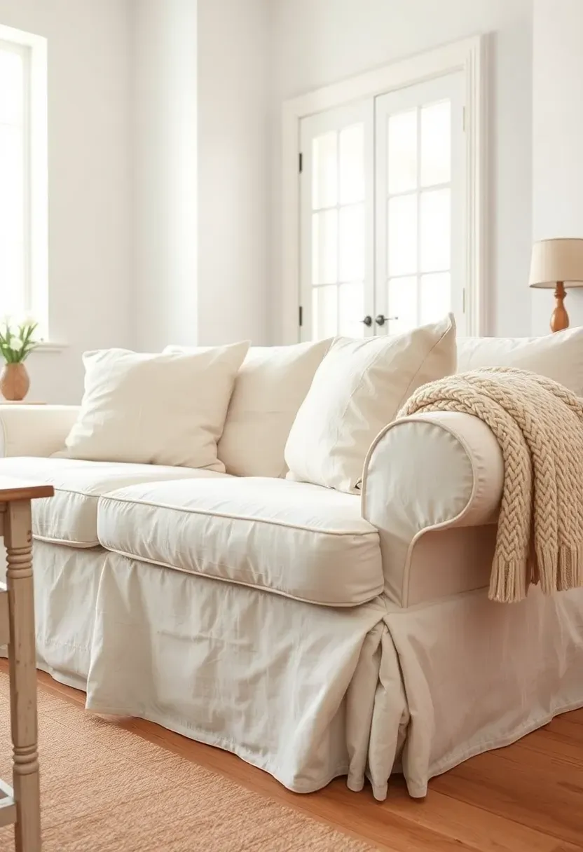 Slipcovered roll-arm sofa in washed white linen with gathered skirt in a cottage-style living room