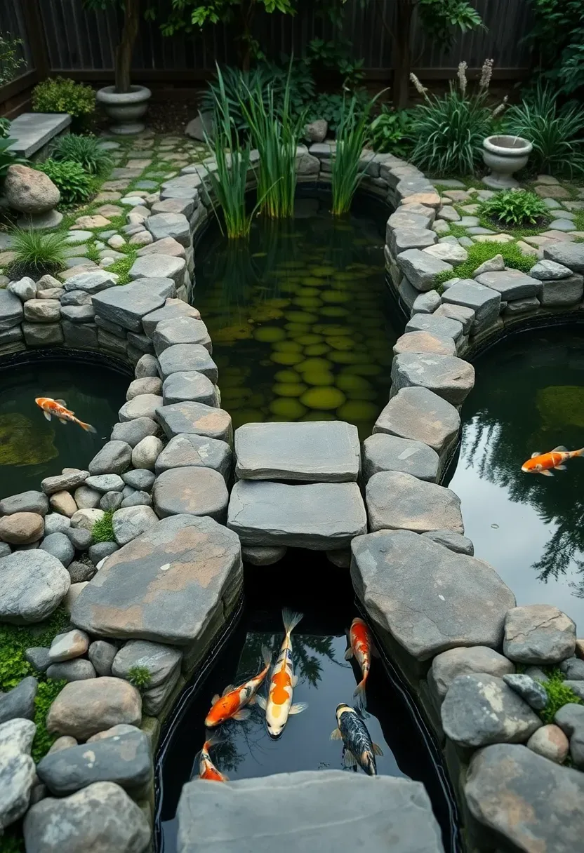 Two connected backyard koi ponds at different levels linked by a narrow water channel with stepping stones