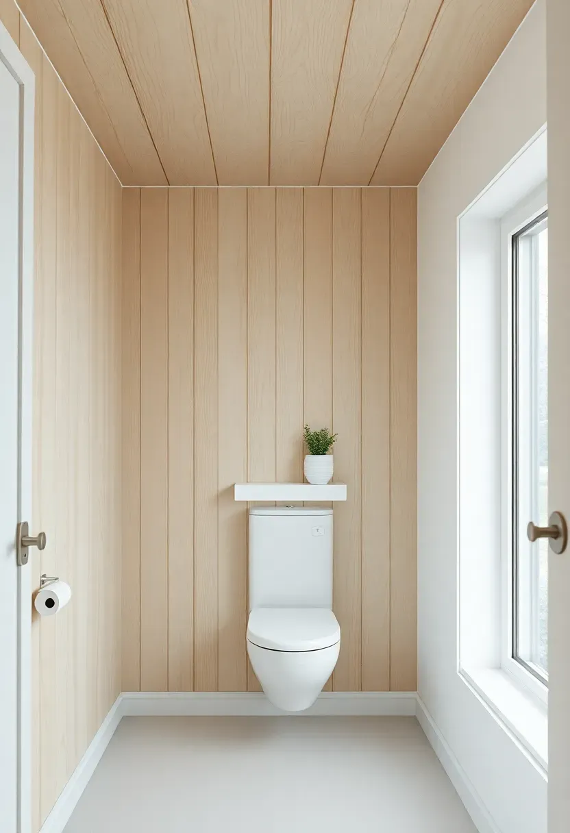 Plywood ceiling with clear polyurethane finish showing natural wood grain patterns in a Scandinavian bathroom