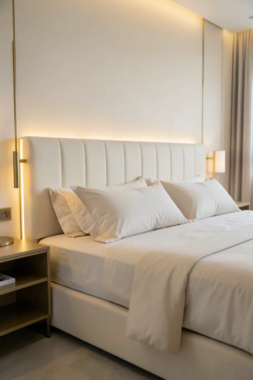 Upholstered smart bed with built-in lighting and remote controls in a contemporary luxury bedroom