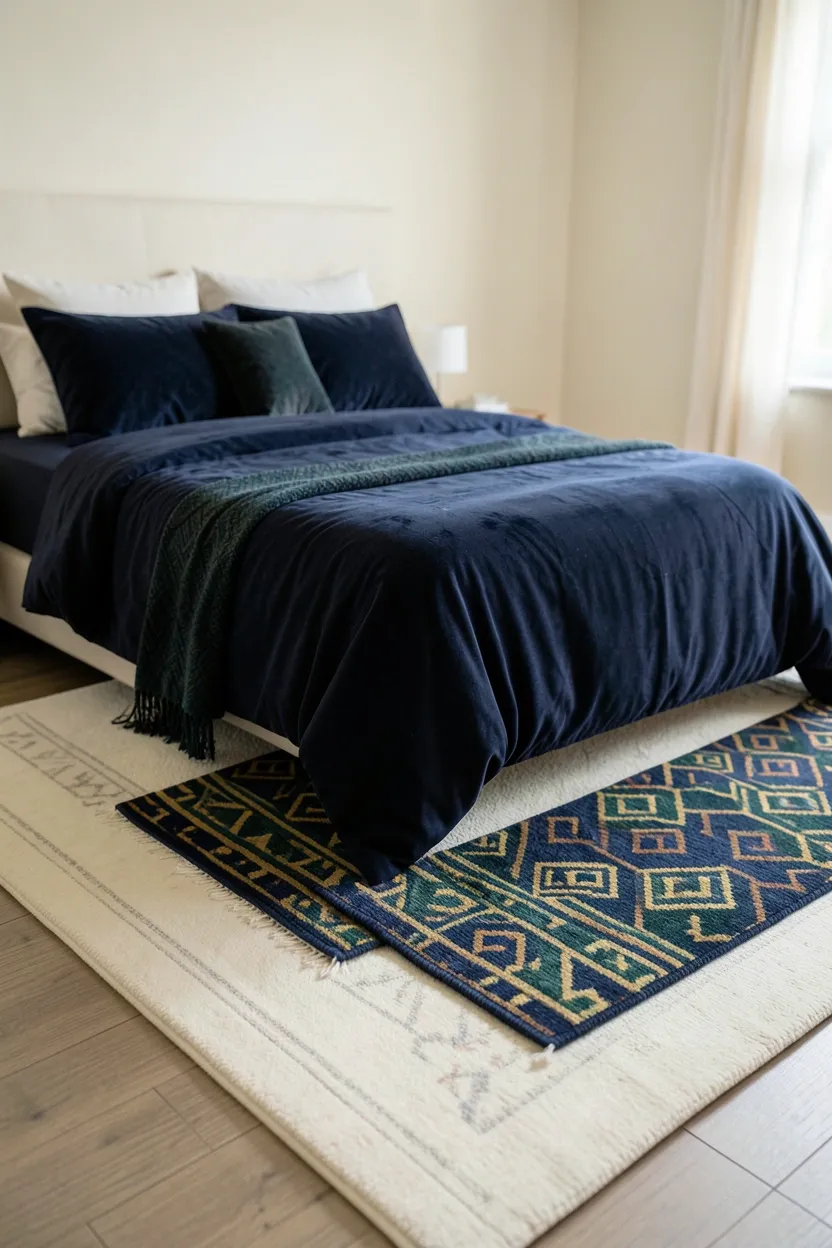 Hyper-realistic slightly elevated perspective photograph of a maximalist bedroom floor showing layered rugs: a large cream wool rug with subtle border as the base, with a smaller geometric patterned rug in navy, emerald, and gold positioned partially on top, creating layered visual interest. The bed sits on the base rug with the patterned rug visible at its foot. Materials: wool cream base rug, geometric patterned overlay rug, velvet navy duvet on bed, cream walls. Natural light from window illuminating rug patterns and textures. Coherent mood: sophisticated and layered maximalist bedroom with complex floor treatment. Shallow depth of field, sharp details on rug patterns and layering, balanced composition showing room context. No text, no logos, no watermarks.</p>