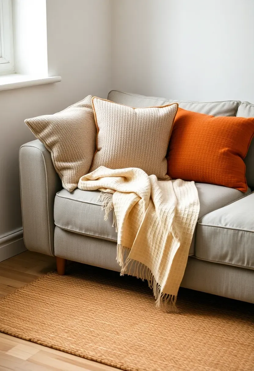 Close-up of a compact sofa in a small living room styled with three coordinating cushions in muted earth tones and a thin waffle-weave throw draped over one arm, on a natural jute rug