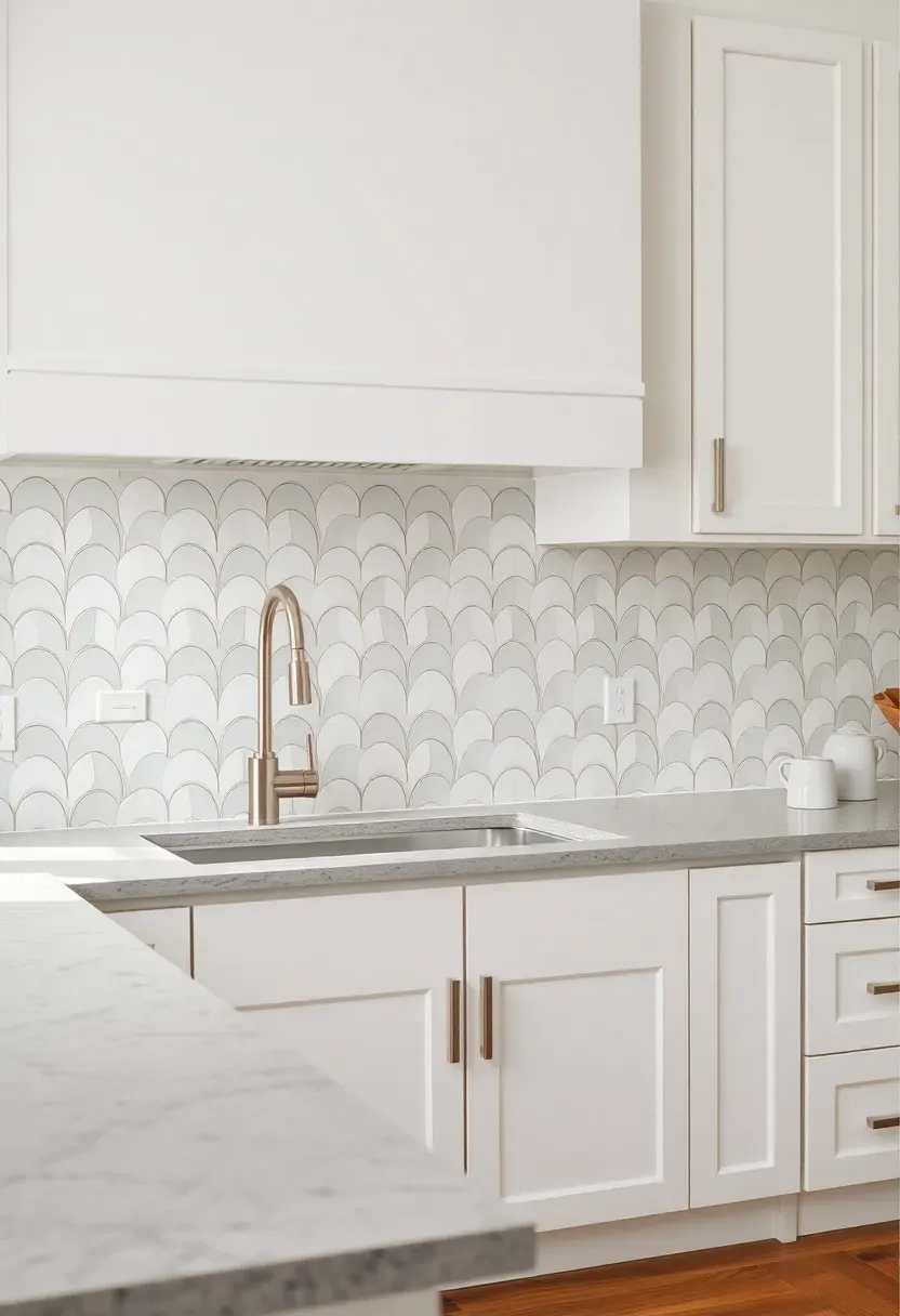 white arabesque lantern tile backsplash with gray grout in a transitional kitchen with nickel hardware