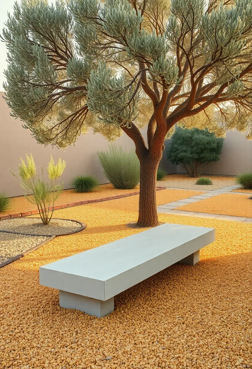 A minimalist backyard with a decomposed granite surface in warm gold tones, bordered by native shrubs and a single olive tree, with a low concrete bench