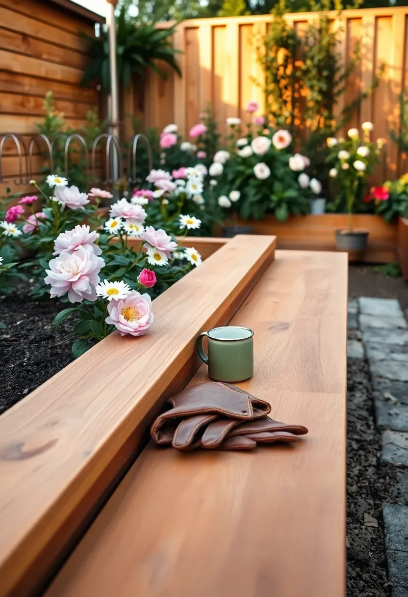 Wide raised garden bed with a built-in timber bench seat running along one long edge, surrounded by blooming perennials, in a relaxing backyard garden setting
