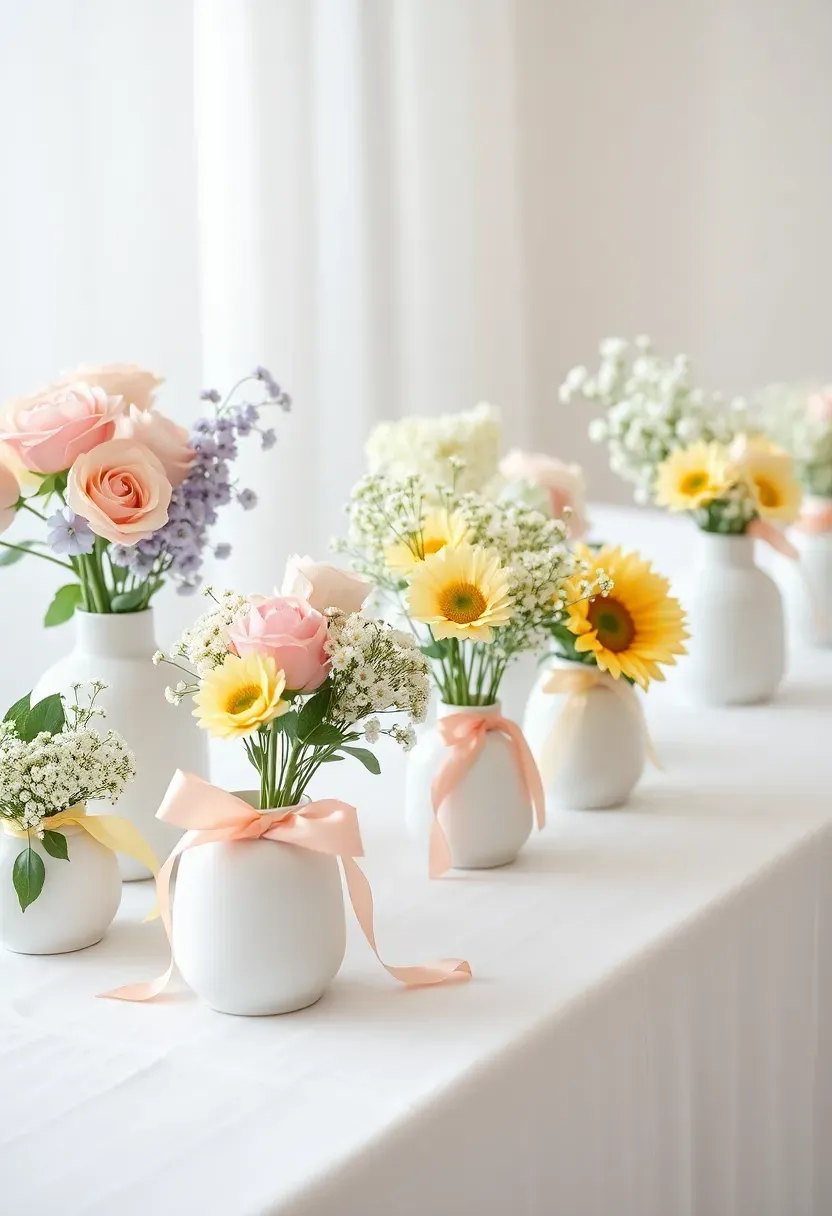 Baby shower pastel flower bar with soft pink, lavender, and mint blooms in white ceramic pots on a white linen-draped table
