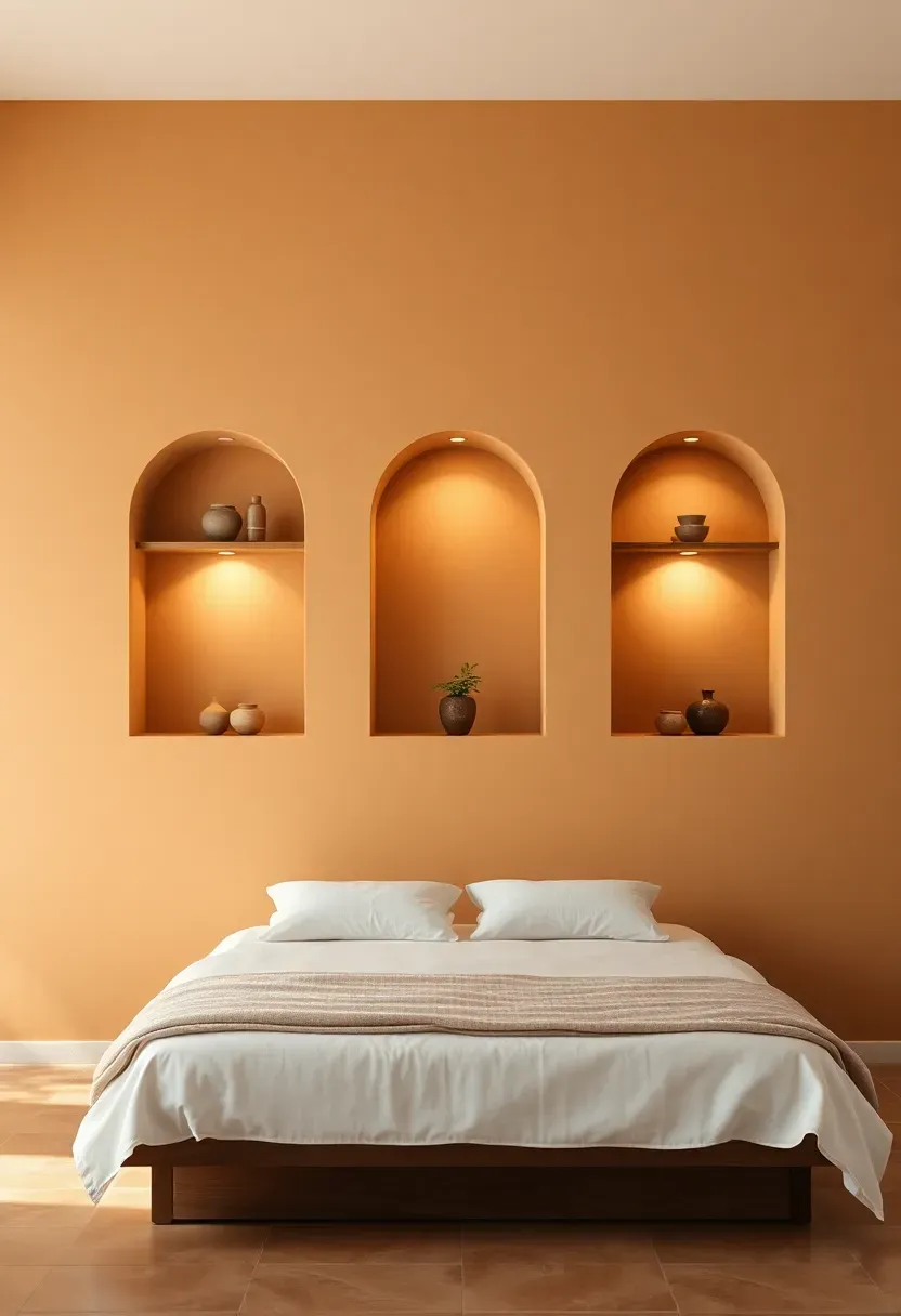 modern Mediterranean bedroom with an arched niche accent wall featuring built-in shelving lit with warm recessed lights behind a simple white bed