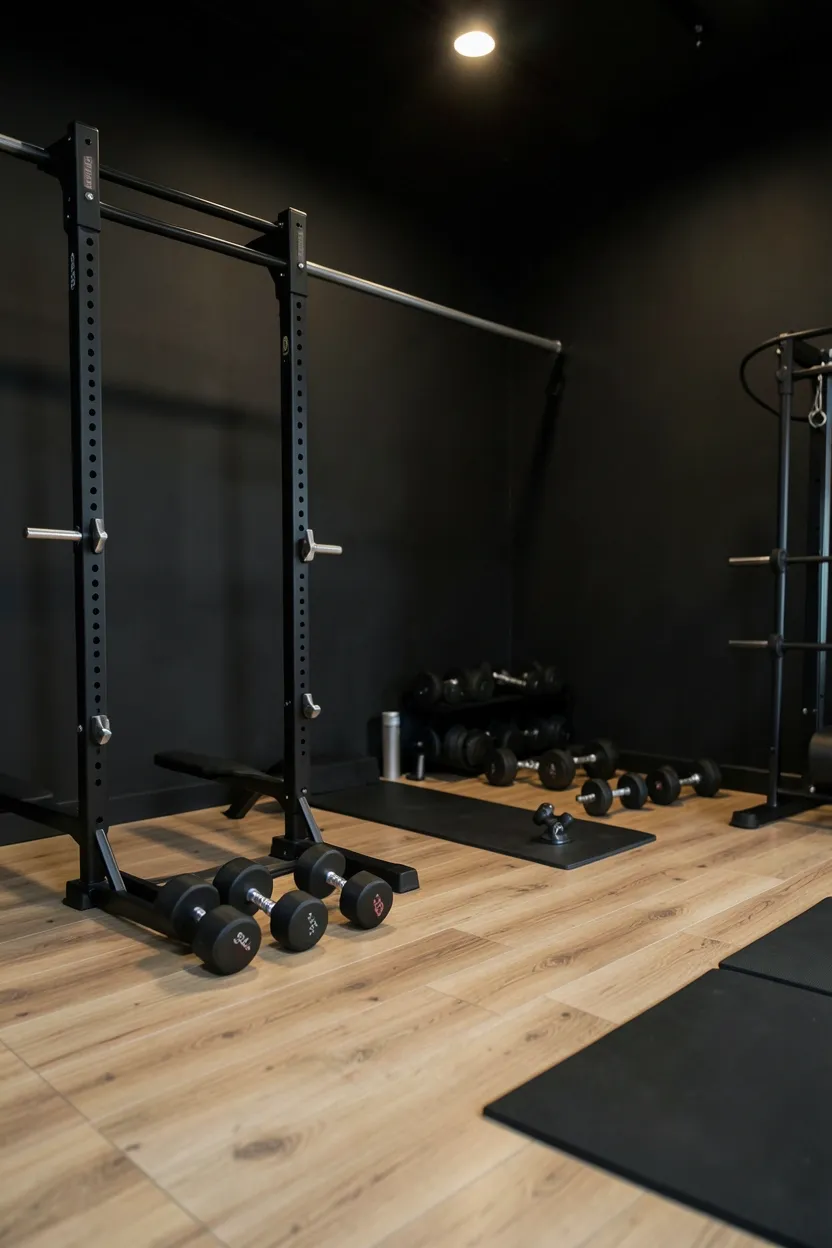 21 Dark Home Gym Design Ideas: Black Walls & Warm Wood