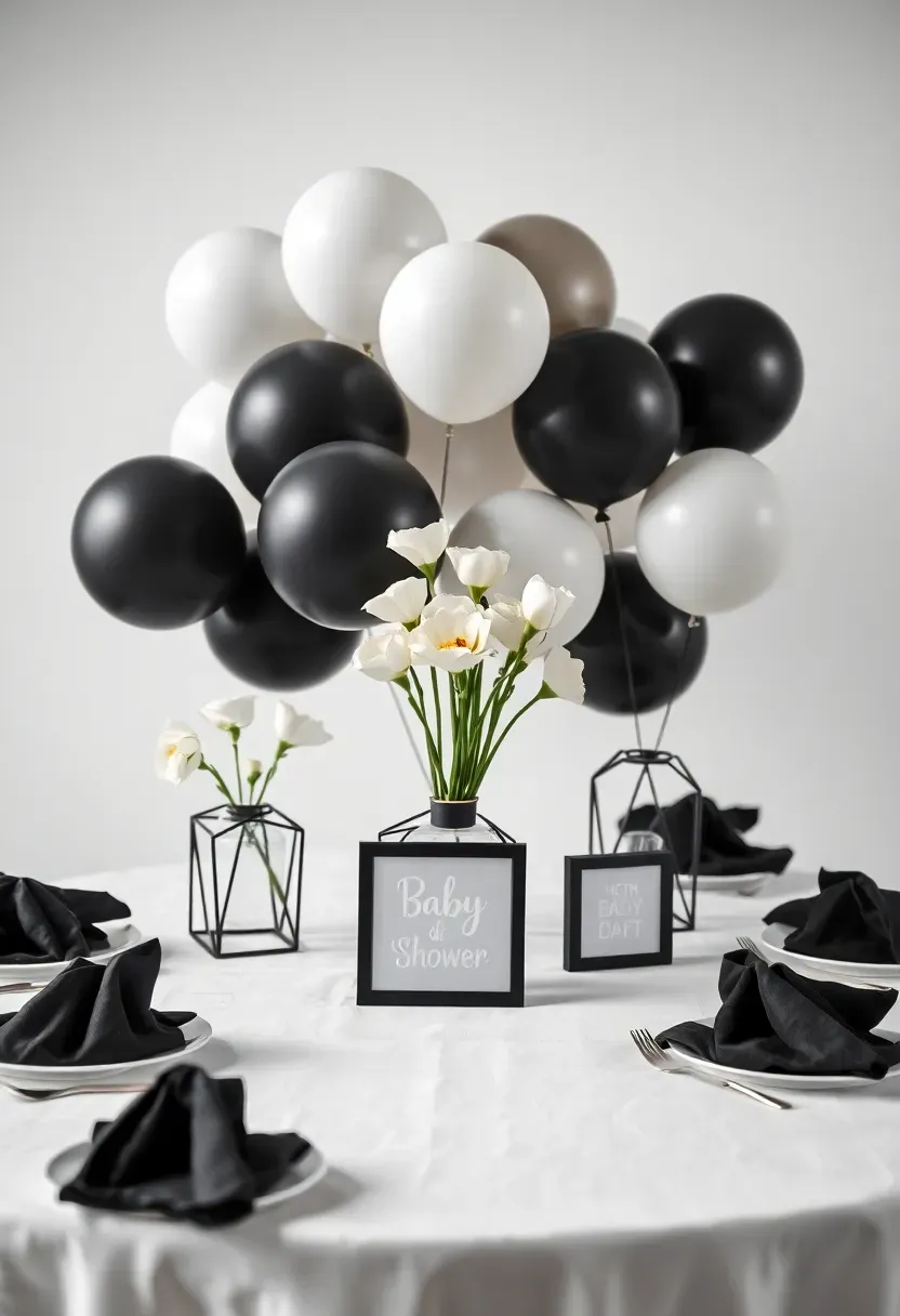 sleek minimalist black and white baby shower setup with monochrome balloon display geometric vases clean white linens and modern typography signage