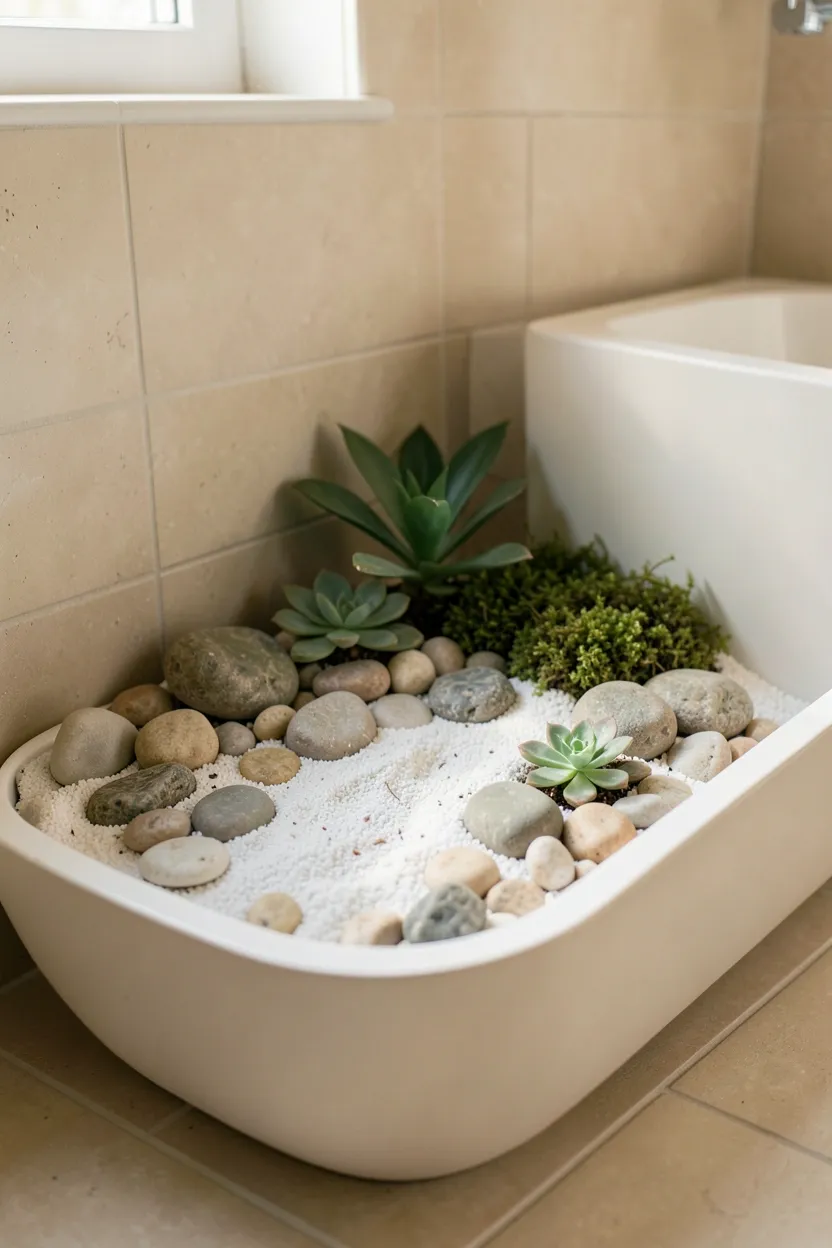 Miniature zen garden with white sand, smooth river stones, and succulents in a calm modern bathroom corner