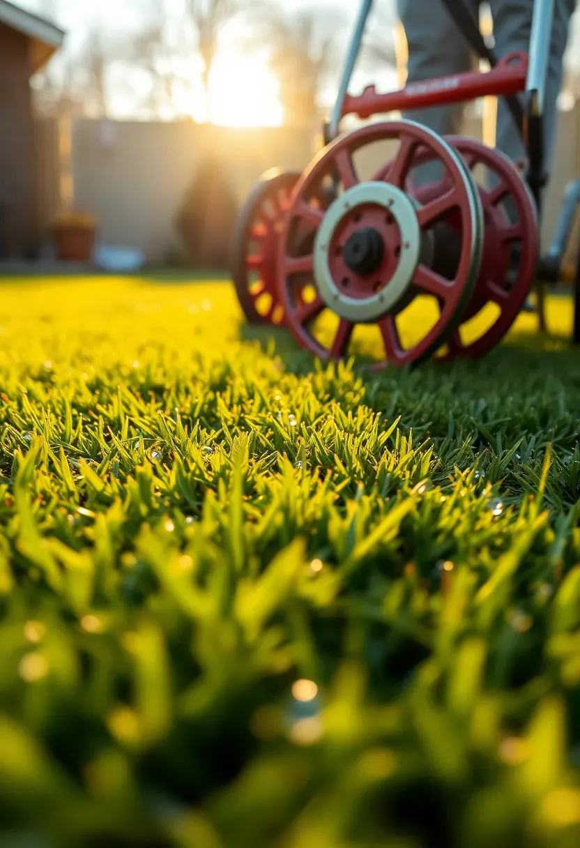 Lush backyard with a natural bentgrass putting green being mowed with a reel mower and morning dew visible on the surface