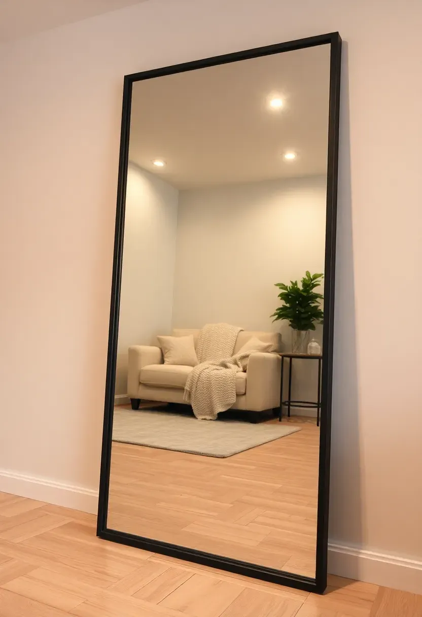Large floor-length mirror with a thin black frame leaning against a basement wall reflecting recessed lighting and a cozy seating area