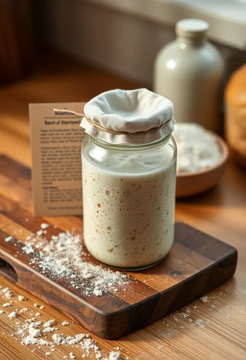 small jar of sourdough starter with a cloth cover and a printed instruction card on a rustic wooden board