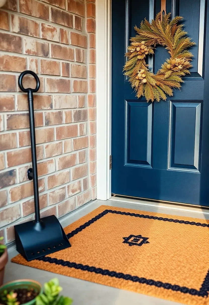 Ranch porch welcome mat upgrade with coir geometric mat, boot scraper, and botanical wreath on navy door