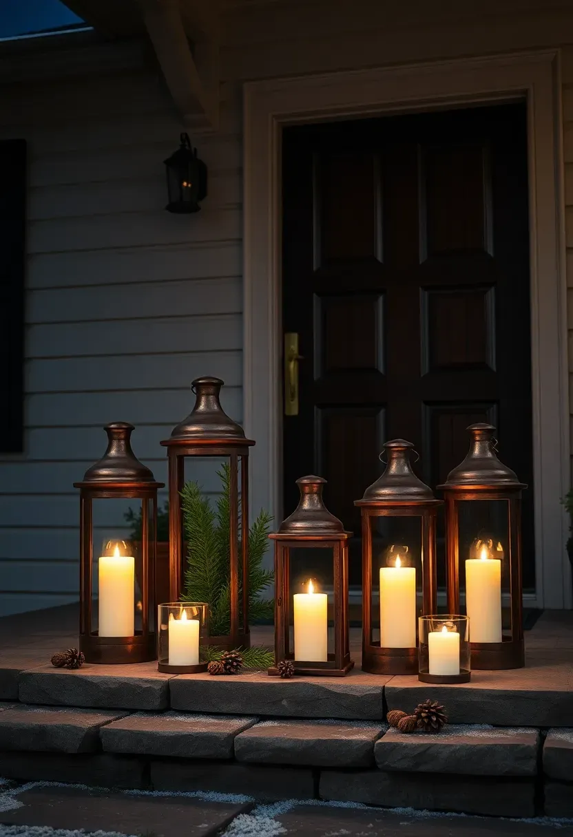 Hyper-realistic evening exterior shot of front porch featuring cluster of five weathered copper lanterns with LED pillar candles. Lanterns vary in height (12-20 inches) and are grouped asymmetrically on stone porch landing near dark wood front door. Each lantern contains warm white LED candle glowing through glass panels. Fresh sprigs of cedar and pine cones arranged at base of lantern cluster. House has white siding with black trim, brass door hardware. Dark night sky with visible stars. Stone porch floor with light frost. Materials: weathered copper, glass, LED candles, fresh evergreen, pine cones, stone. Warm candlelight glow (2700K) creating intimate entrance ambiance, rustic refined mood, medium shot showing lantern cluster as focal point, organic asymmetrical grouping. No text logos watermarks.</p>