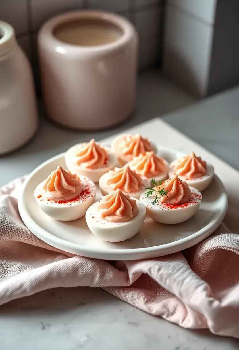 blush pink deviled eggs garnished with paprika and microgreens arranged on a white ceramic egg plate
