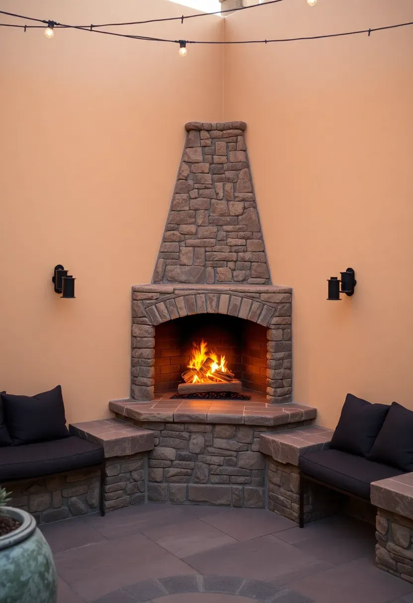 A corner-mounted stone outdoor fireplace tucked into the angle where two patio walls meet with built-in seating on each side