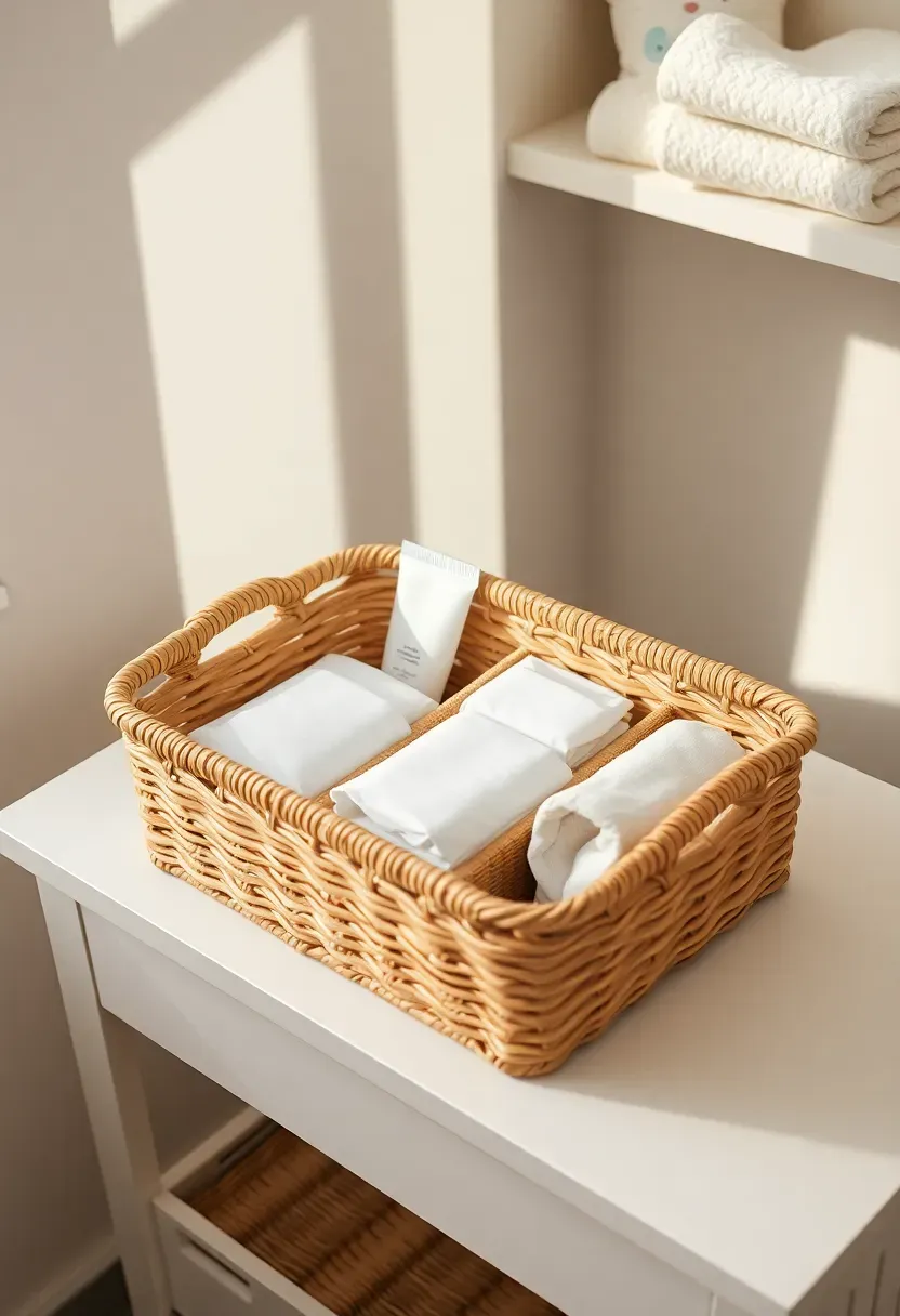 eco-friendly woven nappy caddy filled with baby essentials in a nursery