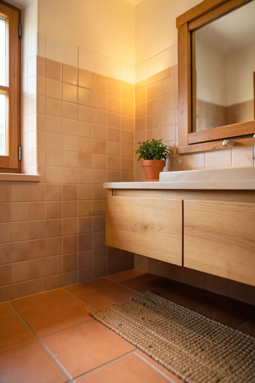 Large format beige floor tiles paired with bright white walls in a neutral small bathroom