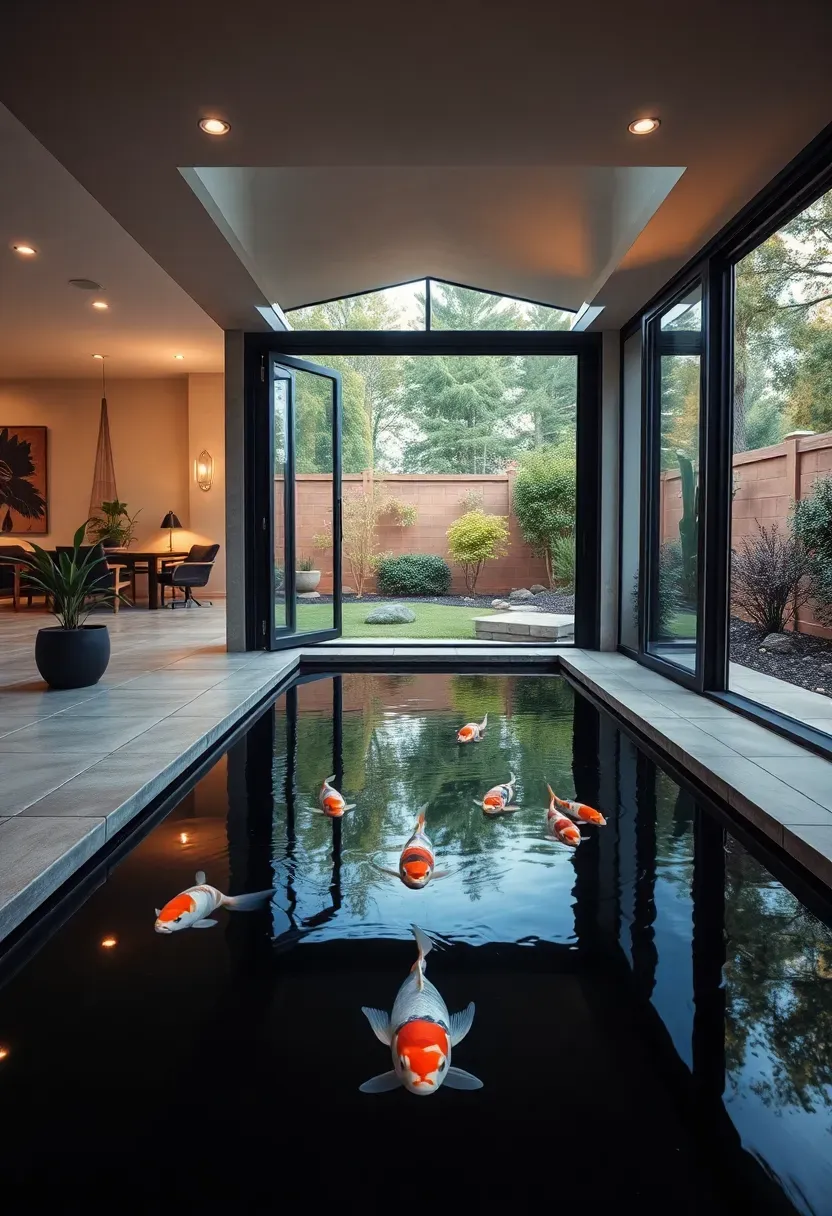 Indoor-outdoor koi pond that extends from a sunroom through a glass wall into the backyard garden