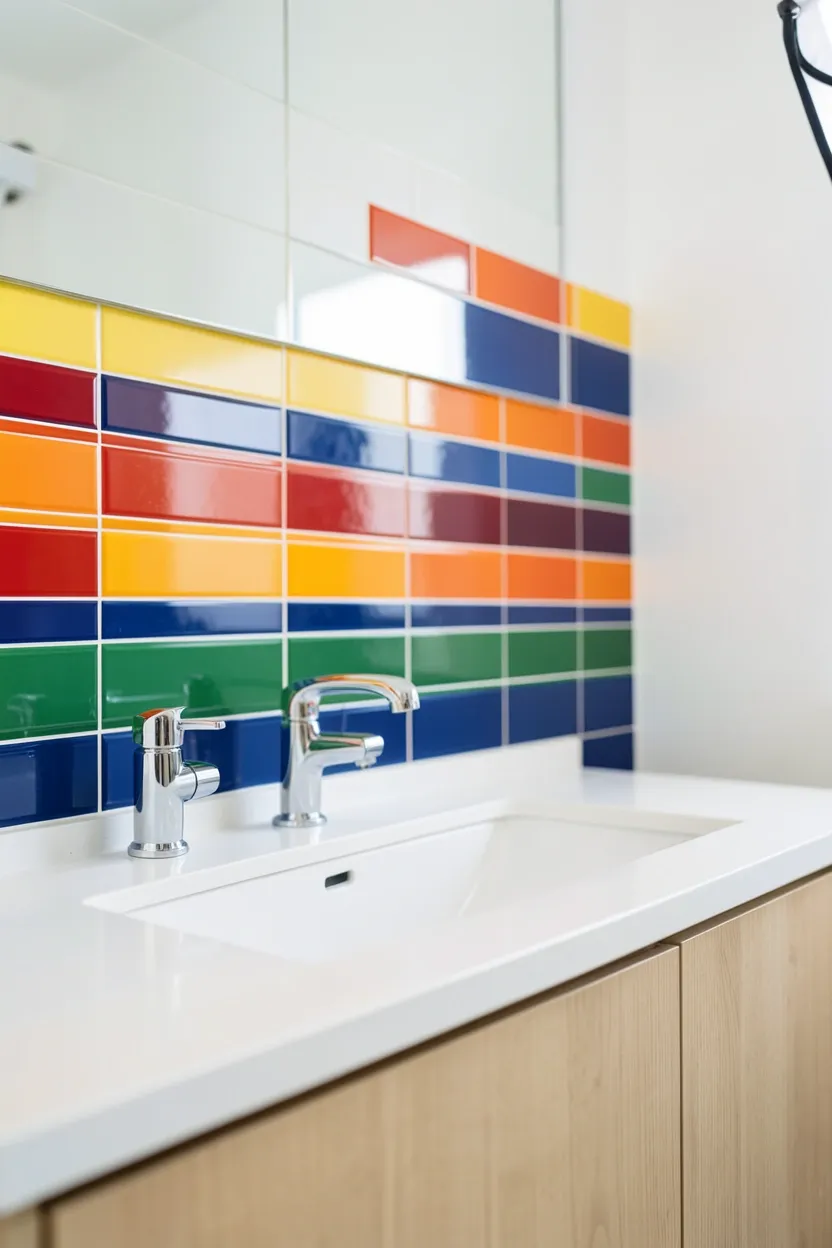 Toca Boca bathroom with rainbow tile accent row on white wall, colorful accessories, and playful bathroom decor
