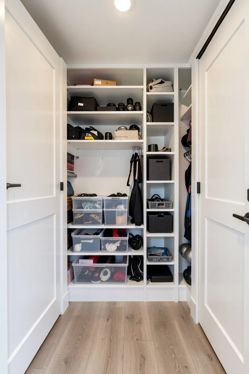 Open bedroom closet converted to organized home gym with wall-mounted weight rack, overhead shelves, and over-door accessory storage