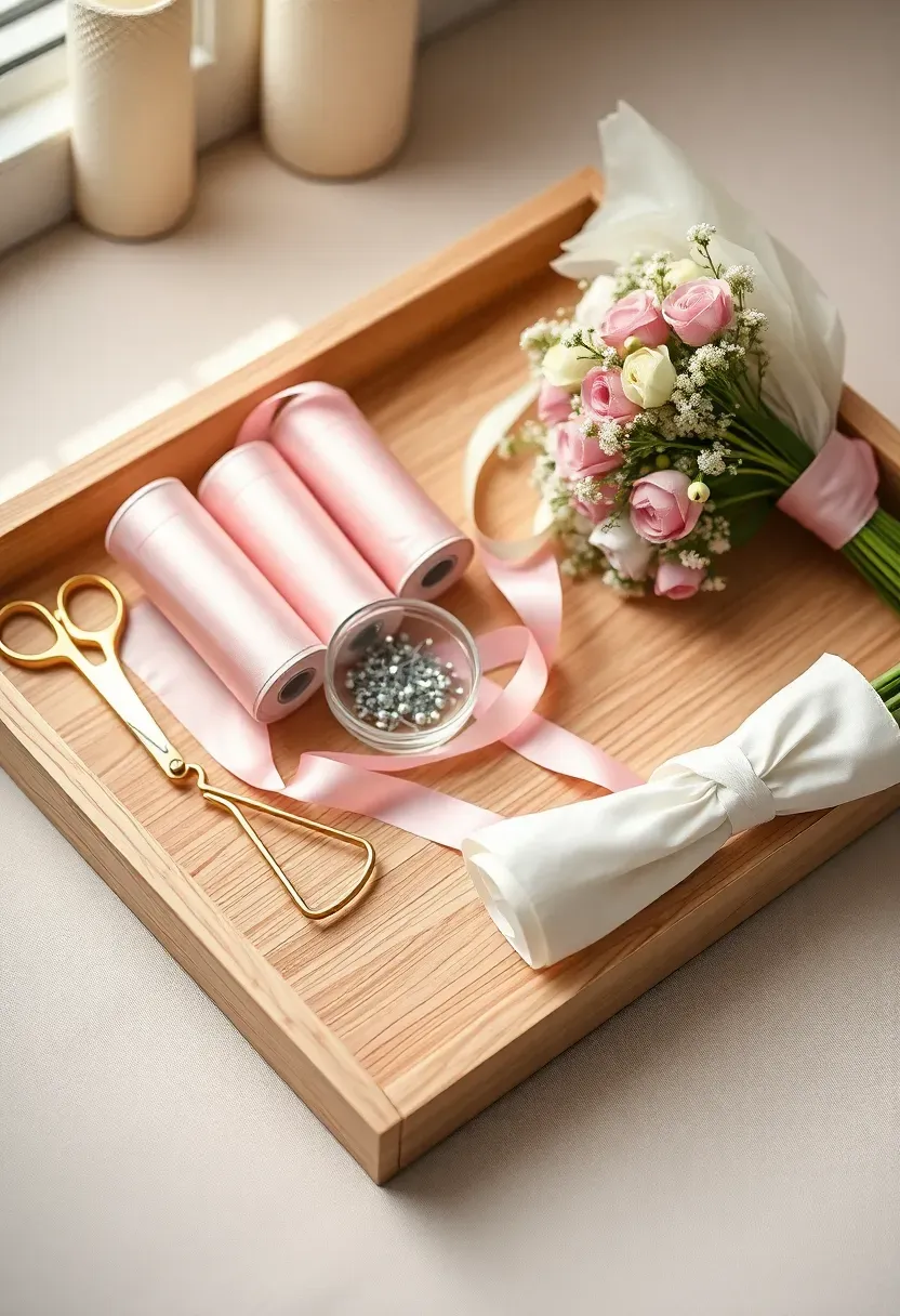 flower bar finishing tray with pastel ribbon spools gold scissors and a hand-tied bouquet