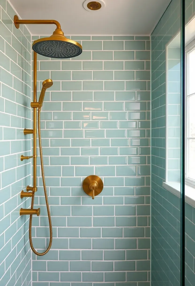 Seafoam green subway tiles in a bright beach-inspired shower with brass fixtures