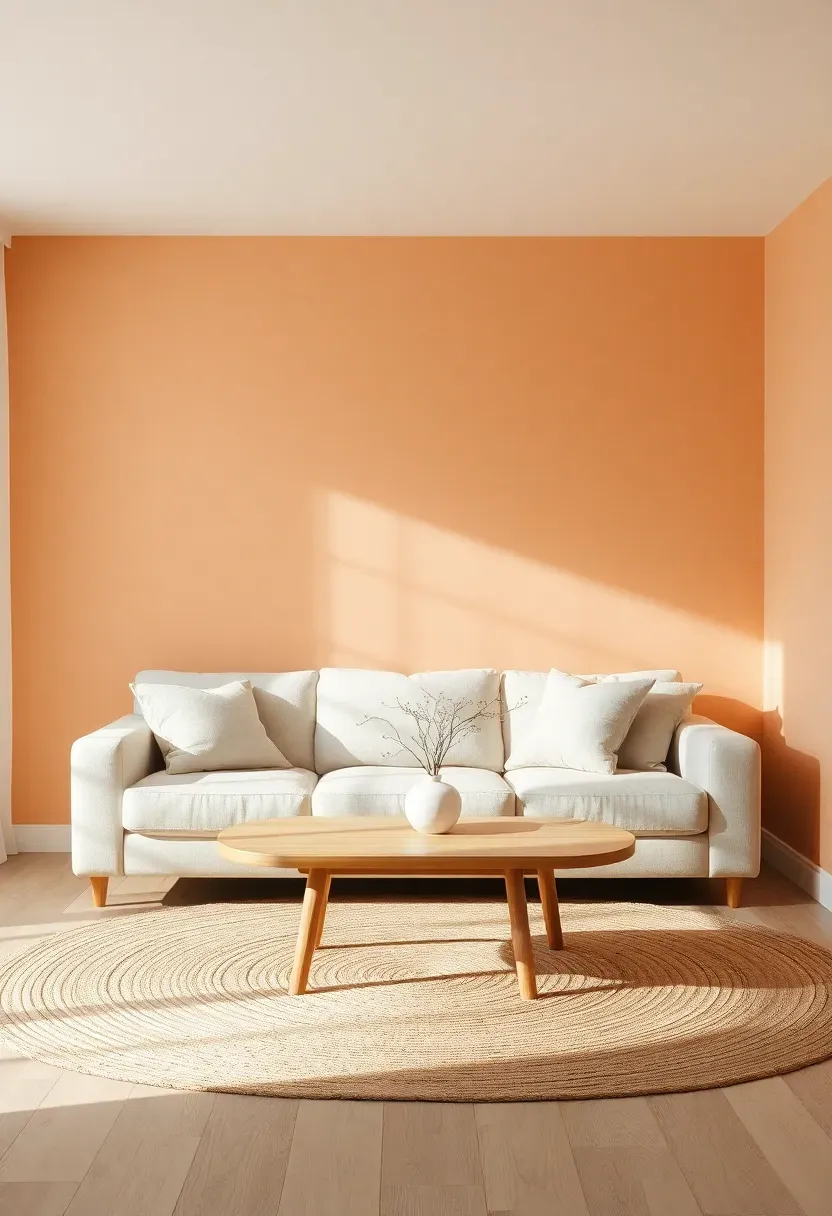 Hyper-realistic 3/4 view of a minimalist living room with warm peach walls, cream linen sofa, light oak coffee table, and jute area rug. Materials: matte warm peach paint, cream linen upholstery, light oak wood, natural jute rug, white ceramic vase with dried branches. Soft natural daylight with warm shadows, cozy and inviting atmosphere, visible light oak flooring. Intentionally minimalist composition with negative space, sharp texture details, no clutter, no text, no watermarks.</p>