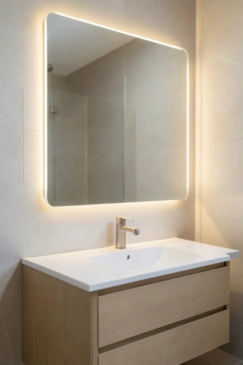 Frameless LED-backlit mirror casting warm glow above floating vanity in a neutral modern minimalist bathroom