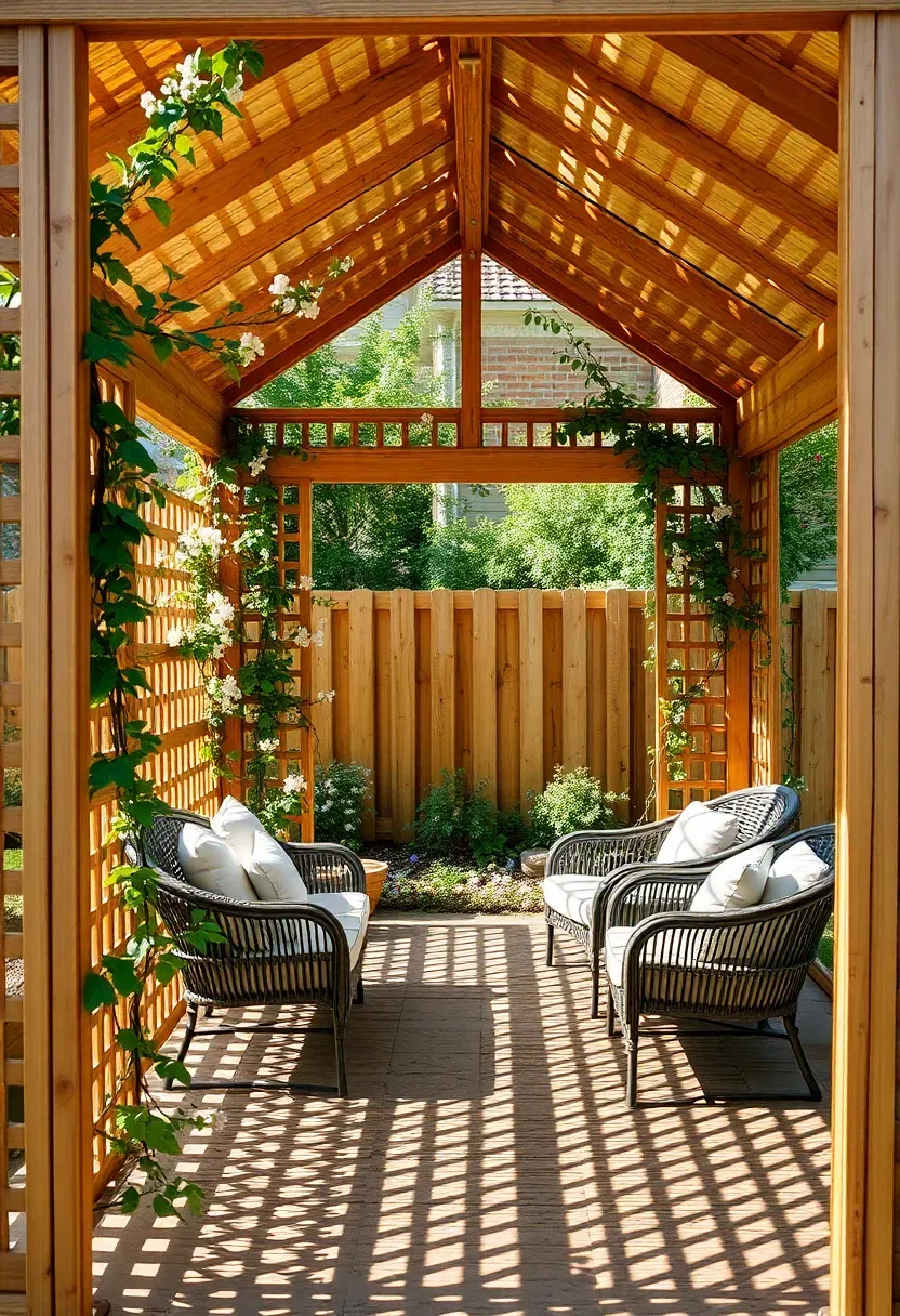 A corner lot backyard gazebo with lattice privacy walls on two sides, climbing jasmine growing through the lattice, comfortable seating inside, and a tall wooden fence behind
