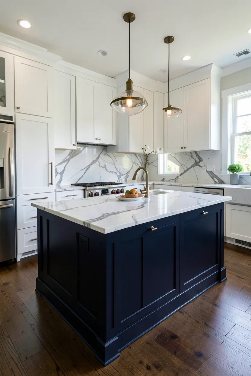 Navy Blue Island with White Marble Countertop