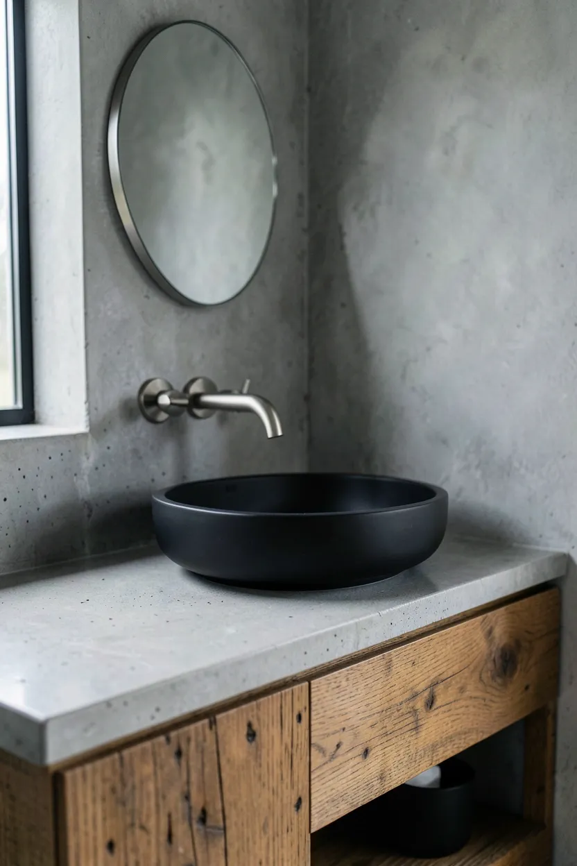 Hyper-realistic eye-level photograph of bathroom vanity with polished concrete countertop and reclaimed oak wood base. Matte black sink vessel, brushed nickel faucet with industrial exposed elements, small circular mirror above, concrete wall behind. Materials: polished gray concrete with subtle aggregate texture, weathered oak wood, matte black ceramic sink, brushed nickel fixtures, gray concrete wall. Natural light from window highlighting concrete surface, modern calm atmosphere. Shallow depth of field, sharp details on concrete finish and wood grain, balanced composition showing vanity and wall. No text, no logos, no watermarks.</p>
