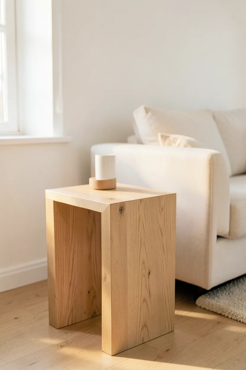 Light oak media console and side table adding natural wood warmth to a Scandinavian apartment living room