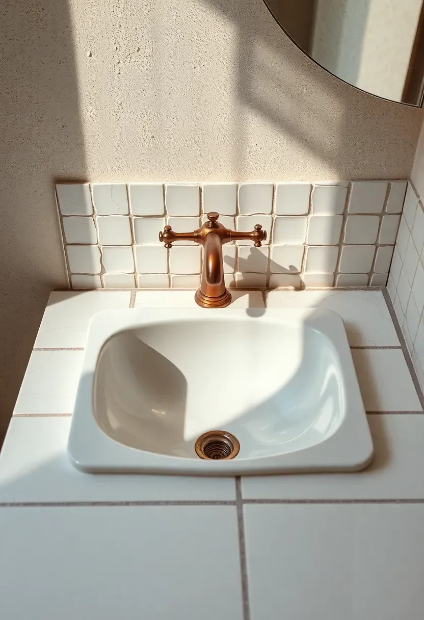 Handmade zellige tile bathroom countertop in glossy white with visible grout lines and a copper faucet