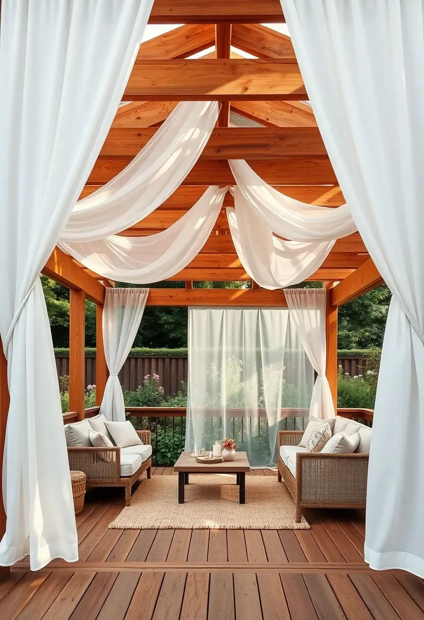 Cedar pergola with sheer white fabric draped between the rafters creating a billowing canopy over an outdoor living room setup