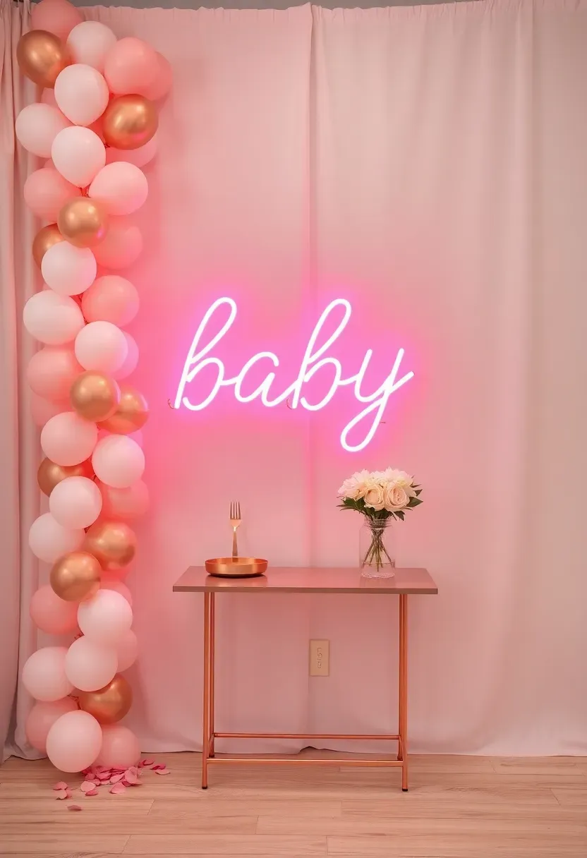 baby shower setup with pink neon she is on her way sign and balloon garland