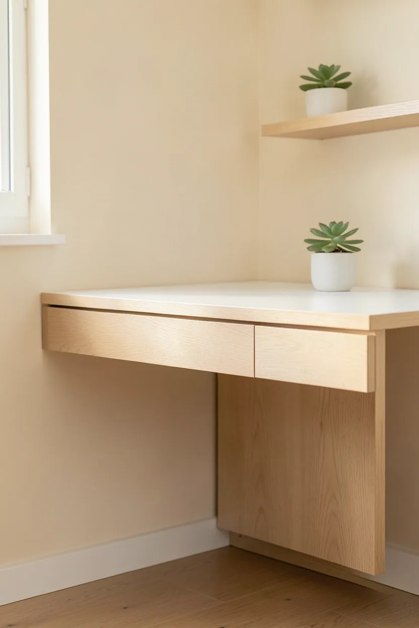 Wall-mounted fold-down light wood desk in a japandi small apartment bedroom used as a compact workspace