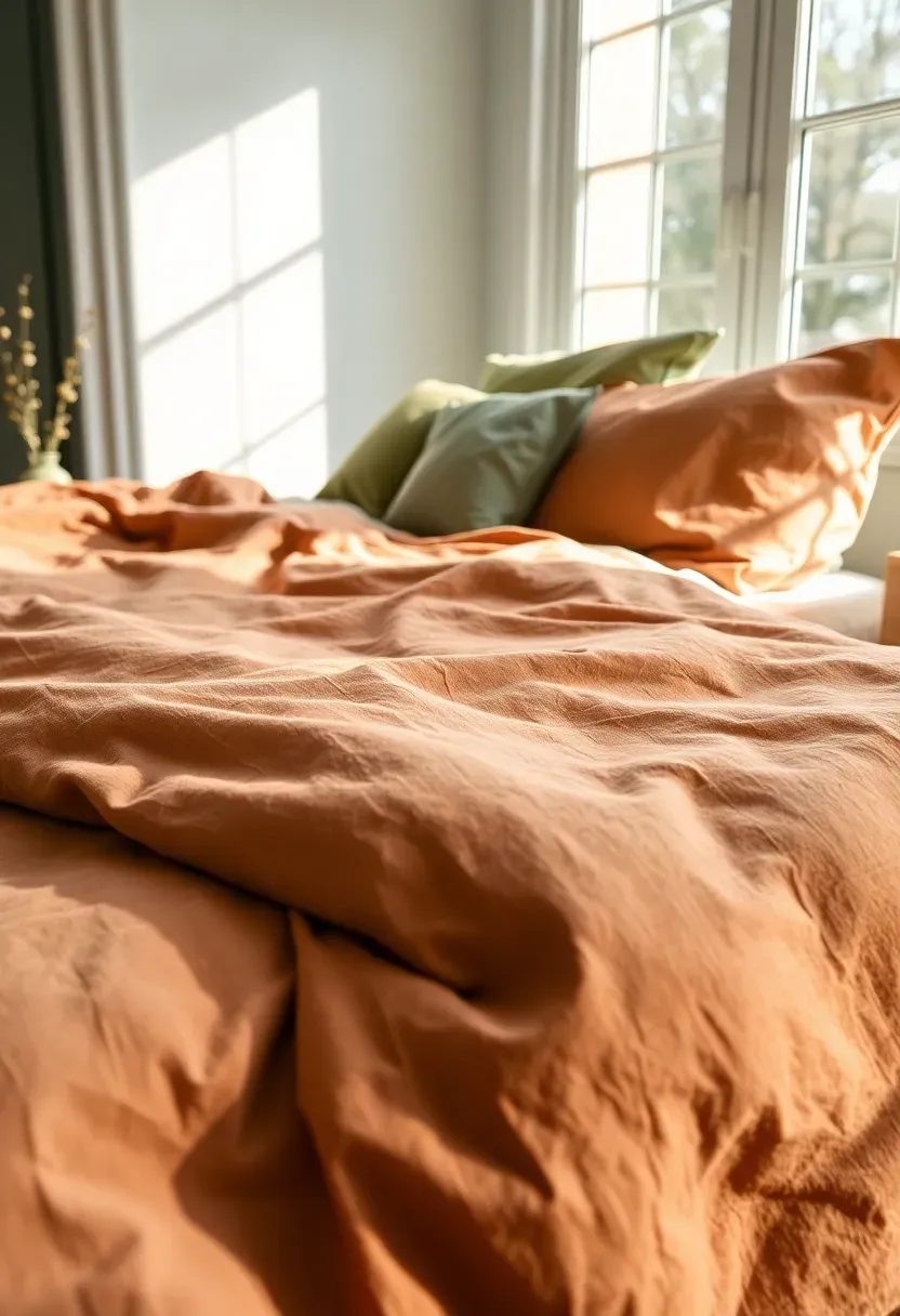 Neatly made bed with washed linen bedding in muted terracotta and sage tones, sunroom light casting soft shadows, raw wood nightstand with ceramic vase