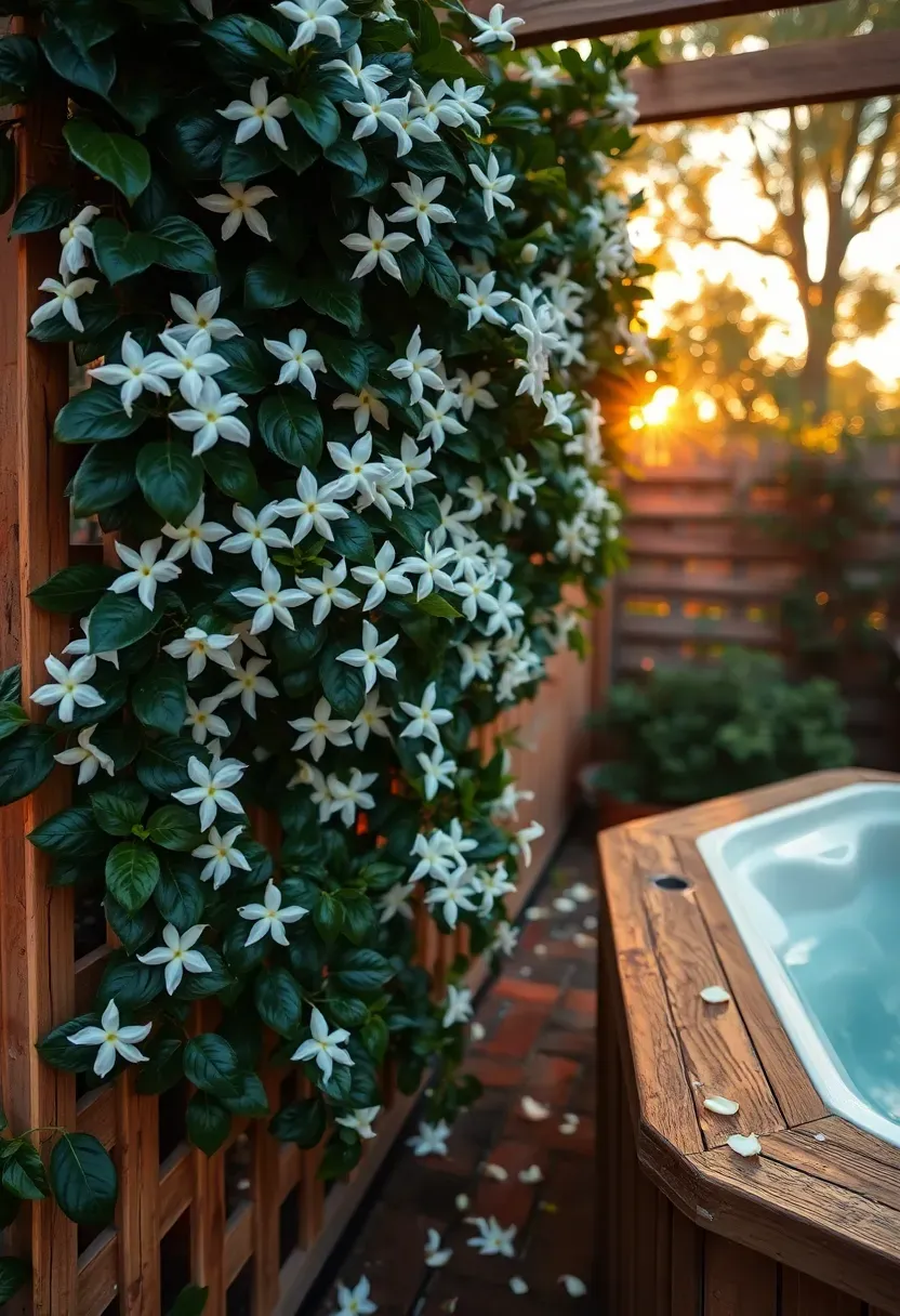 A wooden trellis covered with blooming jasmine vines next to a hot tub in a backyard with a brick paver patio and warm evening light