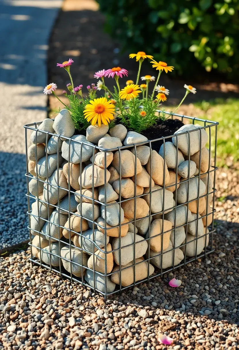 Rectangular gabion cage planter filled with river rocks and topped with dark soil growing wildflowers beside a gravel driveway