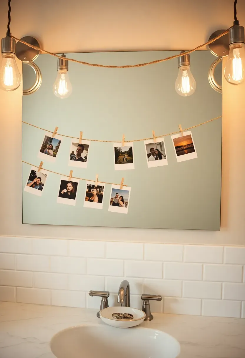 String of small Polaroid photographs hung with mini wooden clothespins along a thin twine line above a bathroom mirror with bulb lights