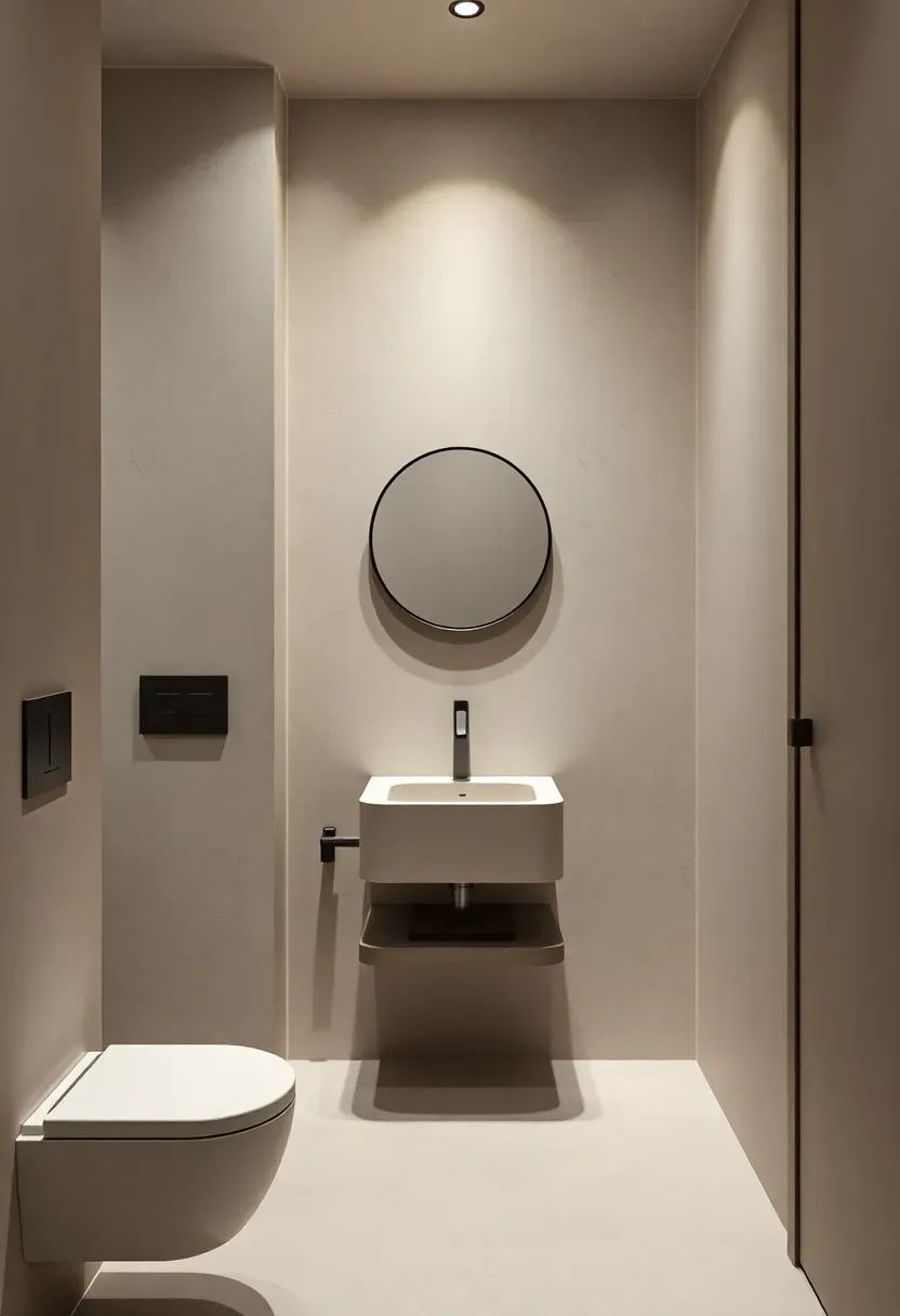 Seamless micro-cement bathroom walls in soft gray tone with minimal fixtures