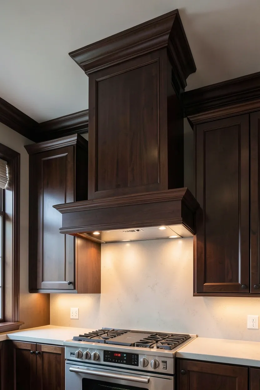 Dark Wood Range Hood as Focal Point