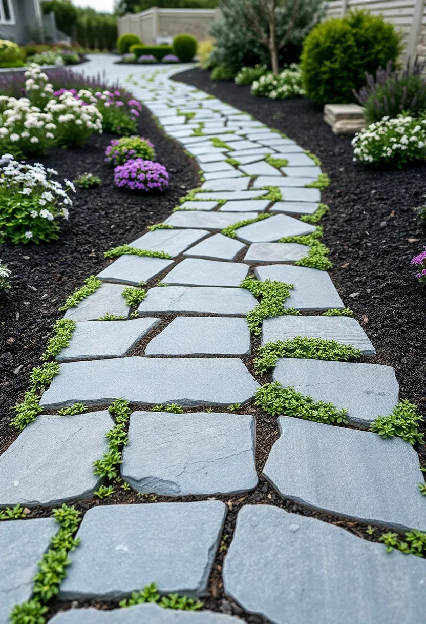 Winding flagstone walkway with creeping thyme between joints leading through a landscaped backyard