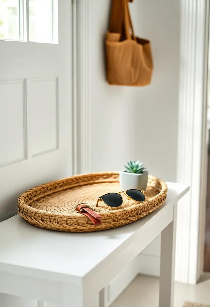 Entryway woven tray on a narrow console table holding keys, sunglasses, and a small potted plant by the front door